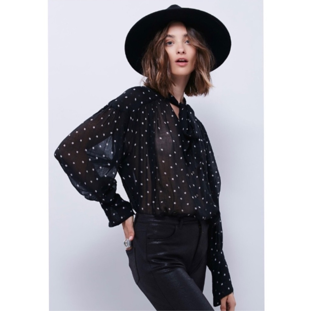 Free People Black Sheer Tie-Neck Blouse with White Polka Dots
